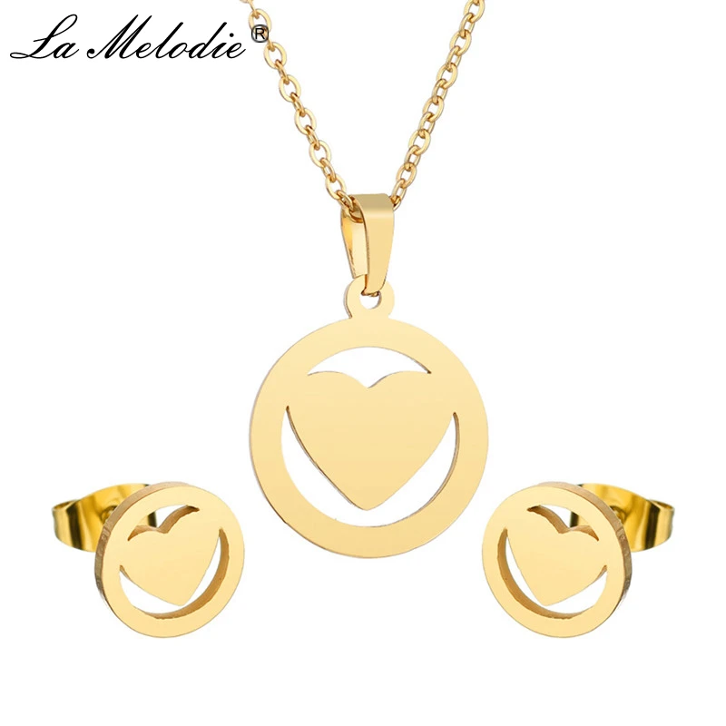 

New Gold Silver Stainless Steel Round Heart Pendants Link Chains Necklace Stud Earrings Jewelry Set Women Party Wedding Jewelry