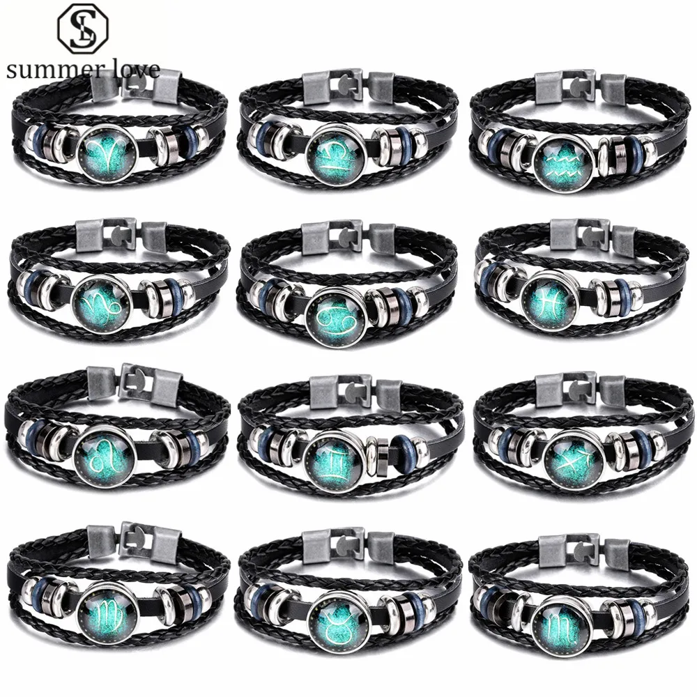 

Personality Zodiac Signs 12 Constellation Bracelet Men 2018 New Fashion Beaded Charm Leather Bracelet Casual Punk Jewelry