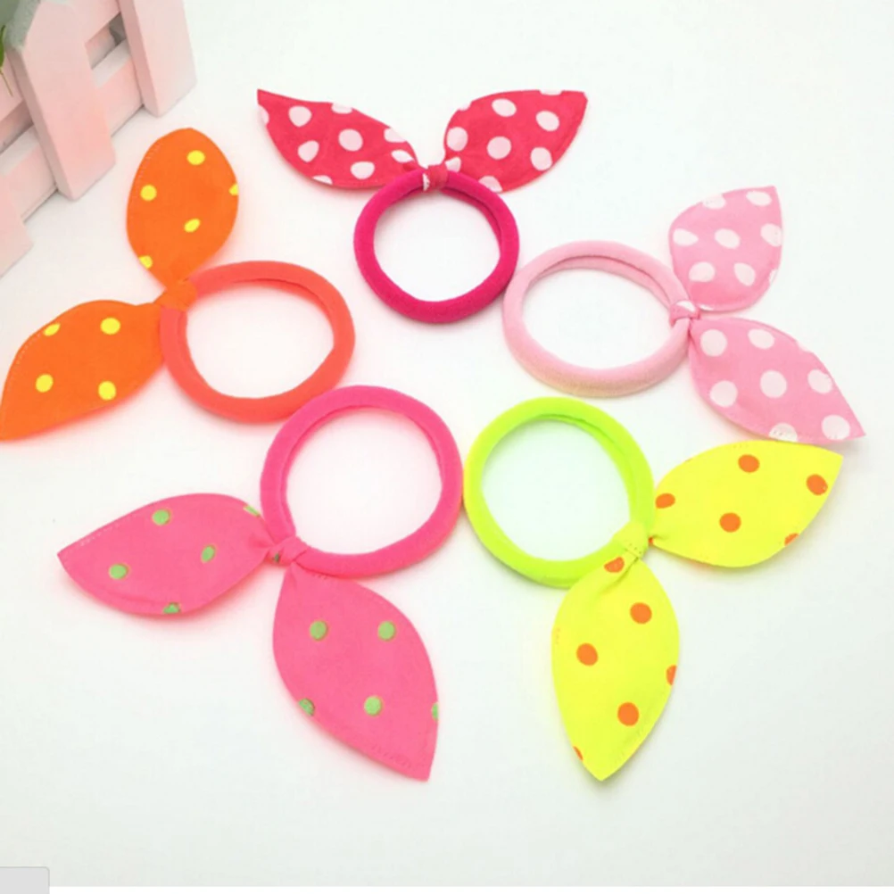 10pcs TEROKK 45mm Super Cute Rabbit Ears Hair Holders Hair Accessories Child Girl Women Print Point Rubber Bands Random Color