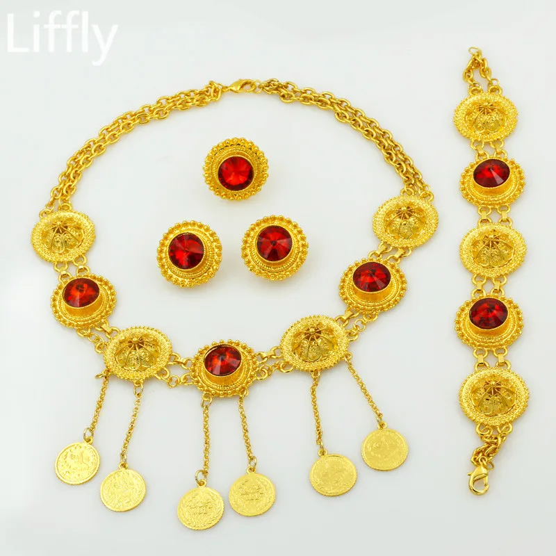 

AAAAAA Top Luxury Dubai Wedding Fashion Women Jewelry Sets Red Gem Party Multi Pendant Necklace 24 Gold Turkish Bride Jewelry