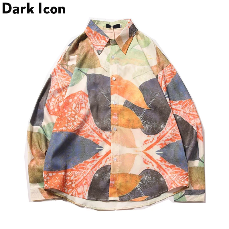 

Dark Icon Leave Full Printed Retro Shirts Men Turn-down Collar Hip Hop Shirts Hawaii Beach Mens Shirts