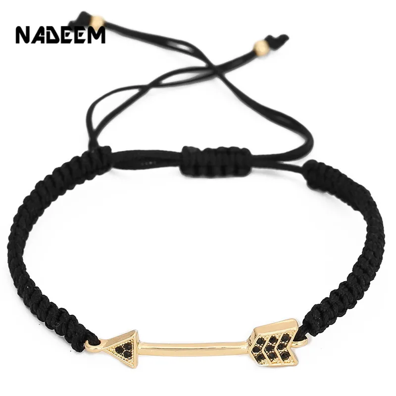 

Drop Shipping Men Women's Pave Black & White CZ Gold Color Arrow Charm Adjustable Braiding Macrame Bracelet Jewelry Pulseira