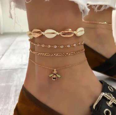

Gold Shell Bee Alloy Anklets For Women Creative 4Pcs/Sets Color Shell Crystal Animai Leg Bracelet Punk Girl Foot Jewelry Gift