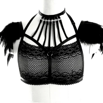 

Body Harness Feather Epaulettes Shoulder Wings Vintag Sheer Lace Bra Goth Angel Feather Wing BurningMan Midnig Wear Wedding Bra