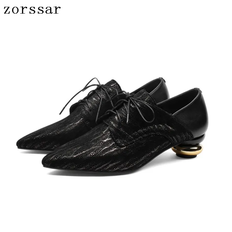 

Zorssar women High heels pumps Shoes Genuine leather Shallow Lace up Pointed Toe low heels Wedding dress shoes
