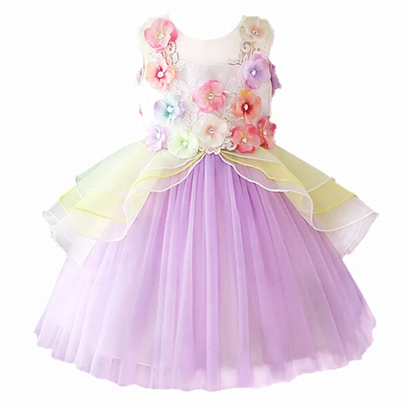 

Girl Dress 3D Flower Tulle Gowns Kids Rainbow Princess Frocks Toddler Holiday Dresses Children Pageant Birthday Party Costumes