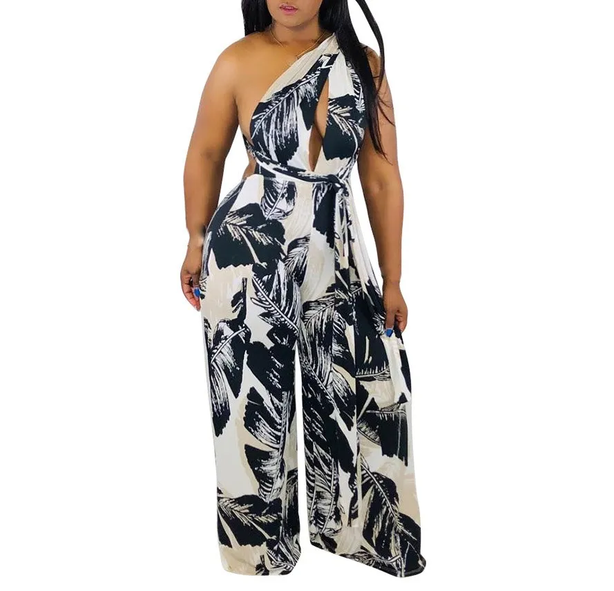 

2019 Women Bohemian Lace Up Print Jumpsuit Sexy Off Shoulder Wide Leg Jumpsuit Bandage Beach Overalls