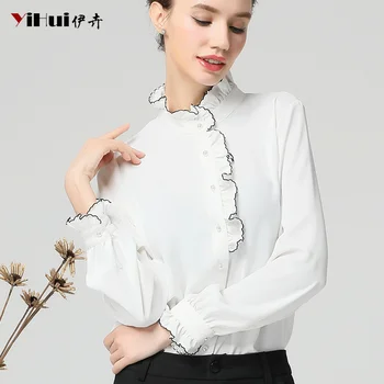 

Ruffle Womens Shirt New 2019 Summer Elegant Office Ladies Workwear Blouses And Tops Plus Size Stand Collar Long Sleeve Shirts