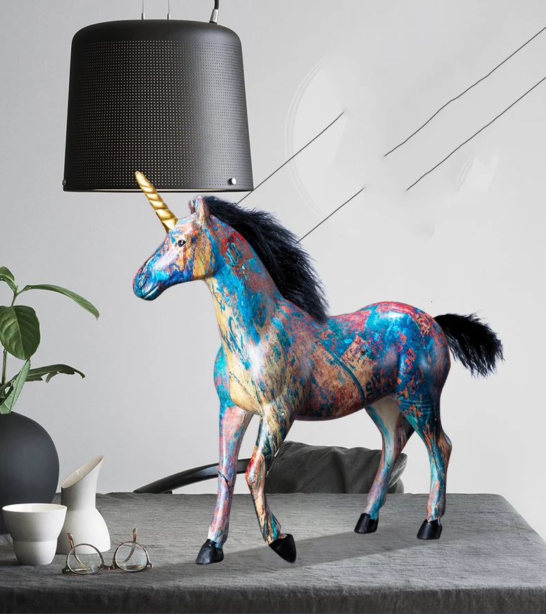 

Home Decoration Accessories Running Colorful Unicorn Horse Decoration Figurine Living Room Ornament Objects Office Resin Gift