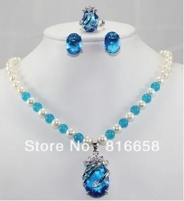

hot Free shipping@@Beautiful white freshwater pearl blue crystal lady's necklace earrings ring set LD774