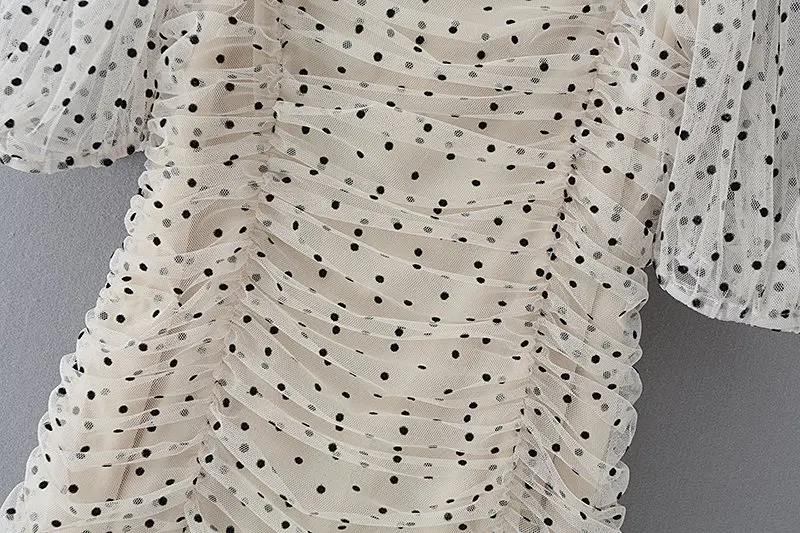 Женское винтажное Сетчатое драпированное платье в горошек, сексуальное женское платье с пышными рукавами и квадратным вырезом, мини облегающее платье, летнее платье