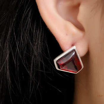 

S925 Fine Jewelry Ruby Stud Earrings Women Triangle Art Gift Vintage Natural Carnelian Retro Ruby red jasper