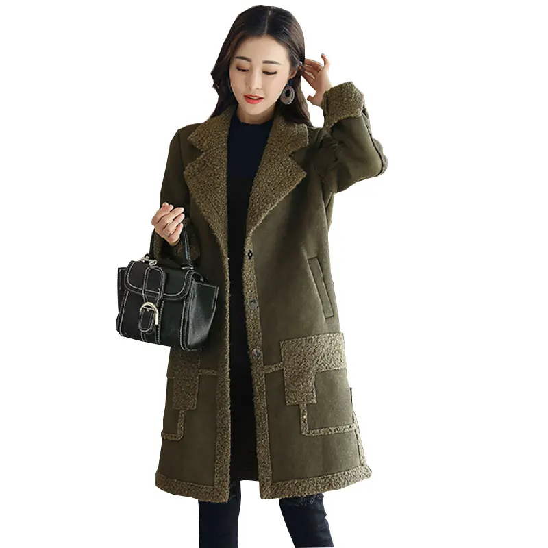 

Suede Winter Female Pink wool Jacket Coat Long New Large size Lapel Padded Parka Women Woolen Jackets manteau femme hiver Z234