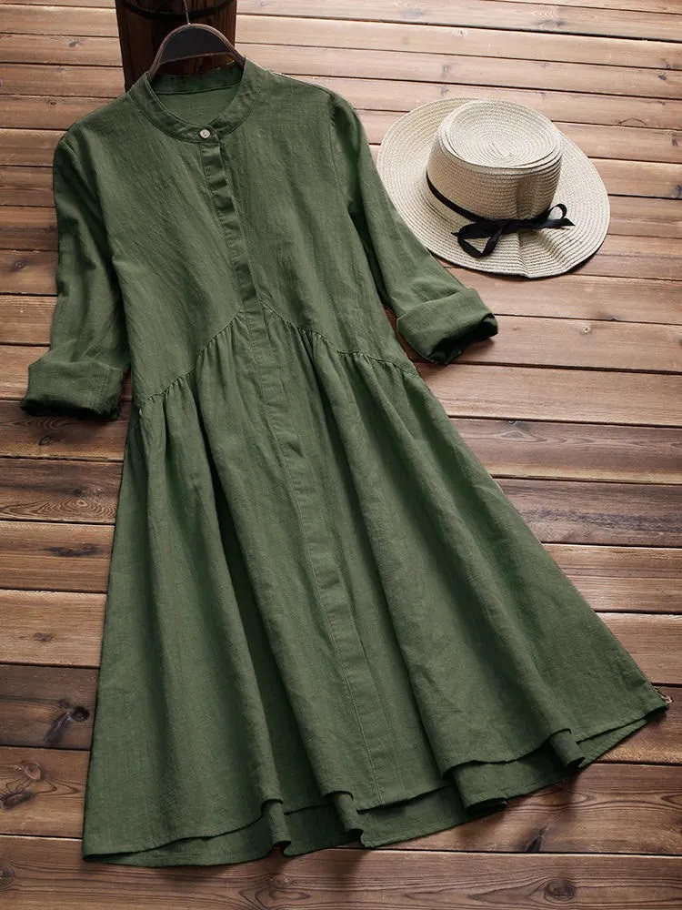 

2019 Women Elegant Cotton Linen Shirt Dress Casual Long Sleeve Work Dress Vestido A-Line Ladies Loose Party Dresses