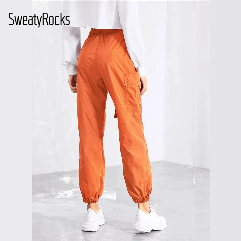 SweatyRocks Push Buckle Belt Front Pocket Side Pants Solid Casual Orange Tapered Trousers 2019 Spri