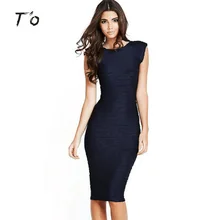 T’O Women Summer Elegant Vintage Retro Deep V Back Sleeveless Solid Color Ruched Party Bodycon Wiggle Tunic Pencil Dress 190