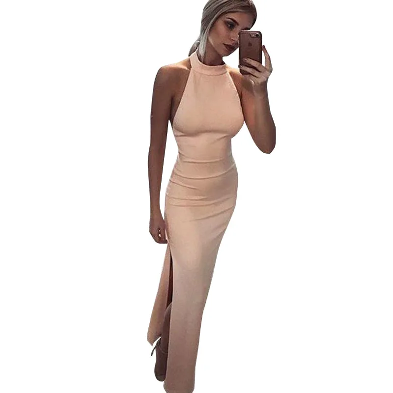 Qunndy Sexy Halter Neck Long Dress Women Backless Vestidos Split Summer Sleeveless Nightclub Party Bodycon Dresses Robe Femme (3)
