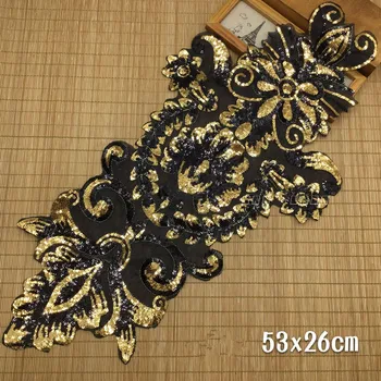 

Flowers organza black gold sequins patches vintage embroidered applique Classical clothing decoration patch sewing accessories