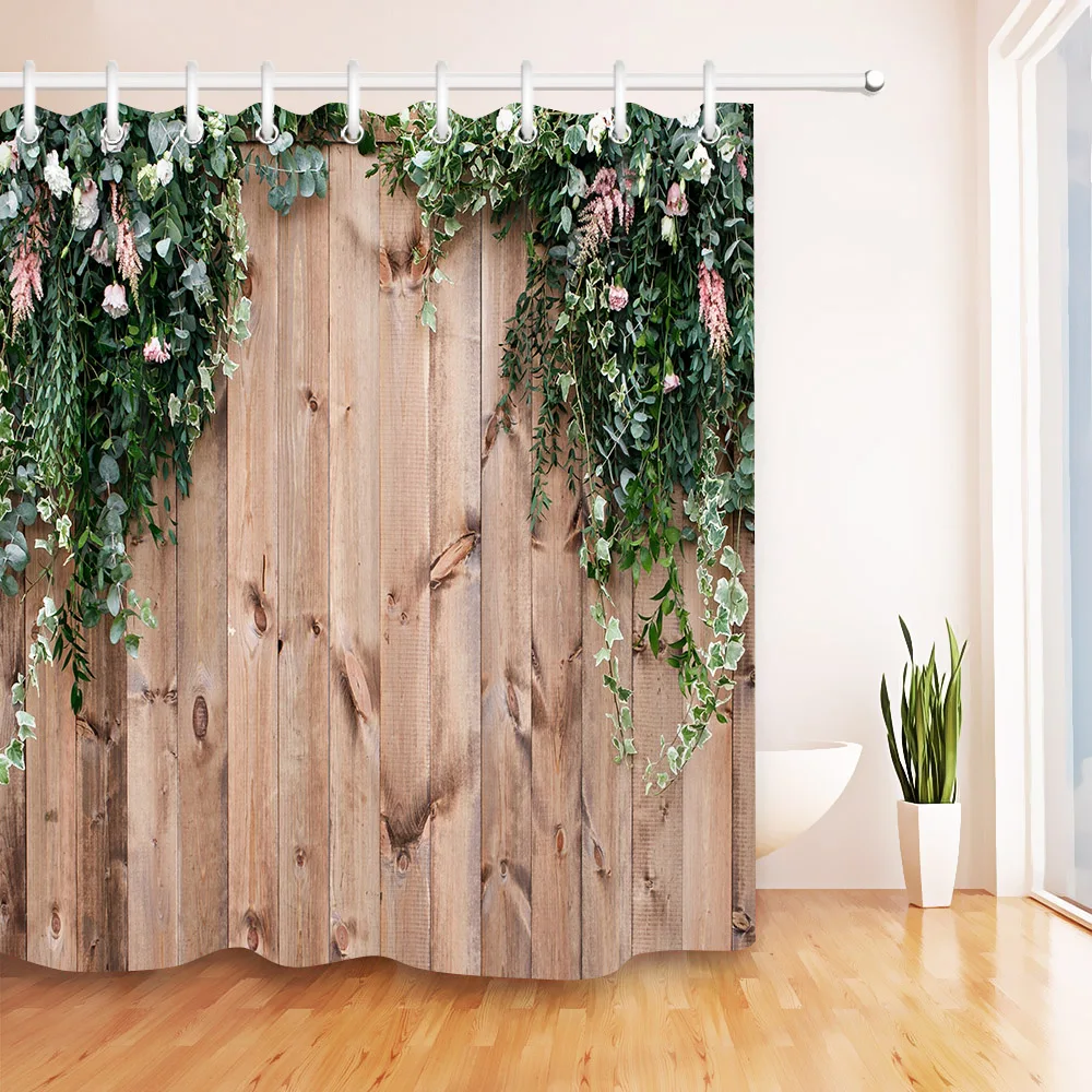 Flowers Tree Leaf Rustic Wood Board Shower Curtain Hooks High