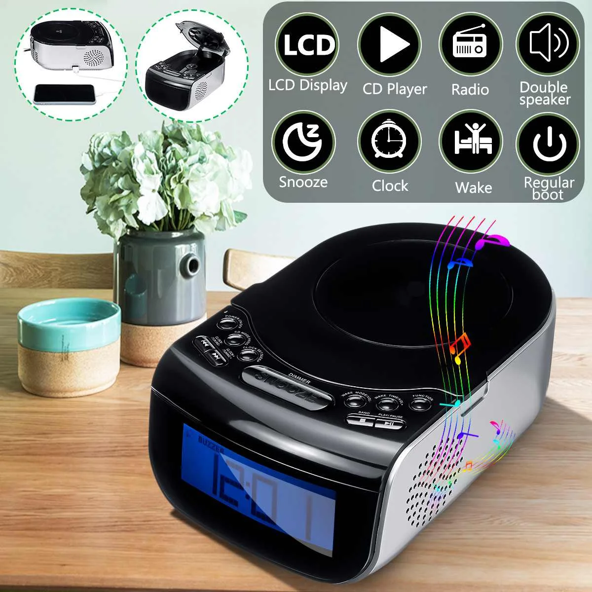 

Digital LCD Alarm Clock 110V/220V Dual Speaker Tuning Am/Fm Radio CD Music Player Machine USB Port Adjustable Brightness