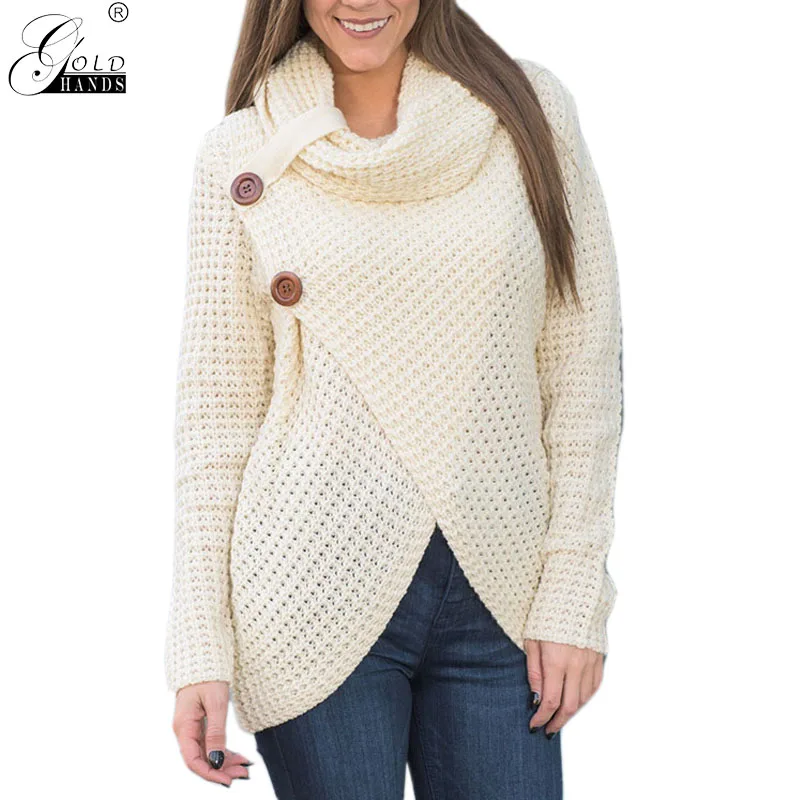 Gold Hands New Autumn And Winter Long Sleeve Pullovers Knitting Loose High Neck Split Sweater Female Button Tops Free | Женская одежда