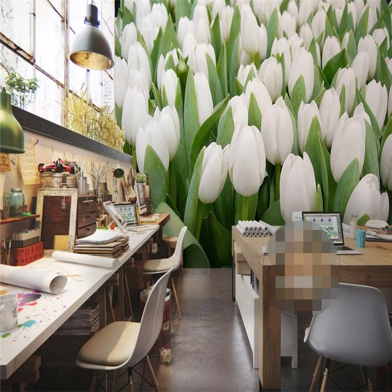 Custom Photo Wallpaper Mural Wall Sticker White Tulip Flower Sea Flower Field FLORAL GREEN BACKGROUND papel de parede