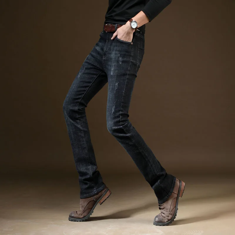 Autumn 2018 New Mens Bootcut jeans Black Slim Fit Flared Jeans High Quality bootcuts pants bell bottom | Мужская одежда