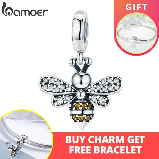 BAMOER 925 пробы Серебряный Кристалл пчелы световой CZ Кристалл Шарм fit для женщин браслеты с подвесками DIY серьги-гвоздики SCC821
