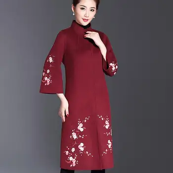 

plus size 5XL 2020 winter Middle-Aged Women Wool Blend Embroidery Coat Cashmere stand collar woolen coat
