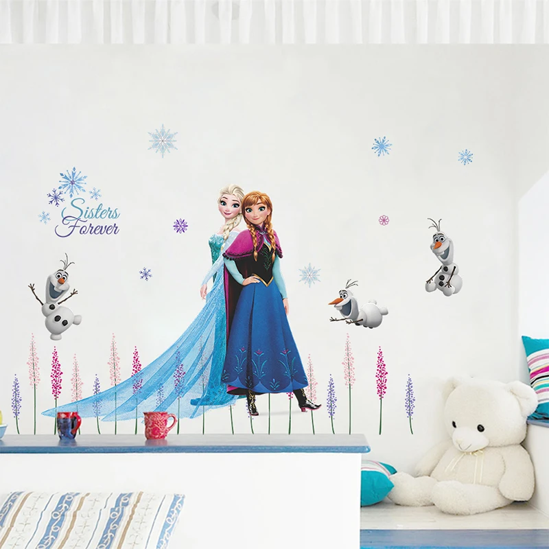 

Cute Olaf Elsa Queen Anna Princess Anime Wall Stickers Kids Room Baseboard Home Decoration Cartoon Mural Art Frozen Movie Poster