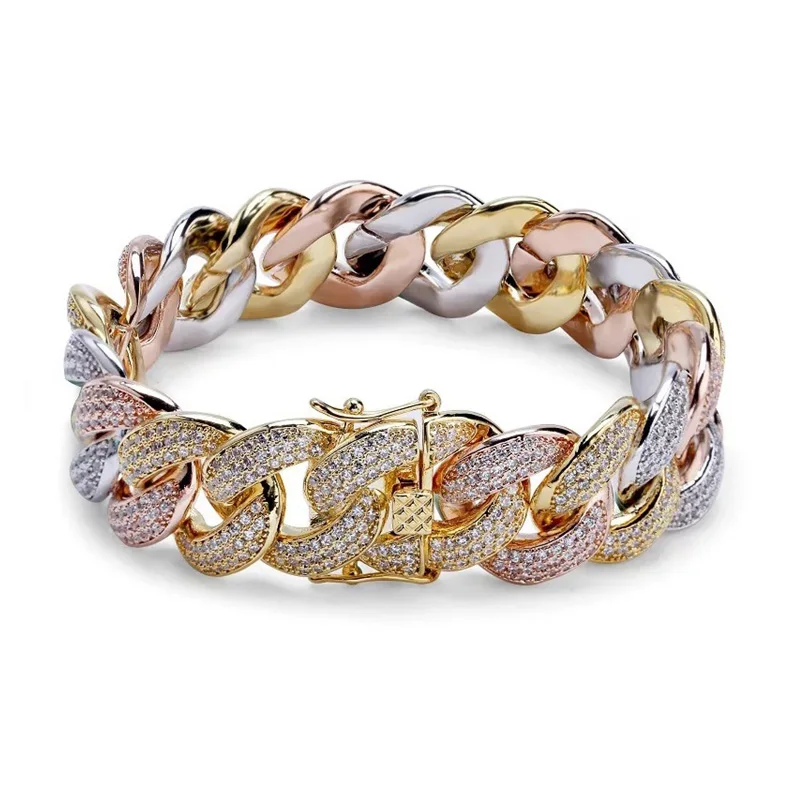 

Cuban Link Chain Gold Rainbow Multi-Color Pave Setting Miami Copper Iced Out Zircon CZ Hip Hop Men Bracelet Homme 2018 Bijoux
