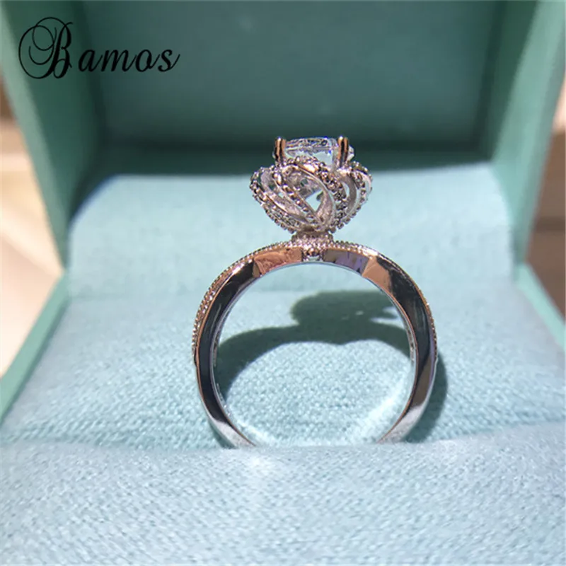Bamos винтажные кольца с цветком из белого золота, роскошный кубический циркониевый солитер, обручальные кольца для женщин, модные ювелирные изделия с кристаллами