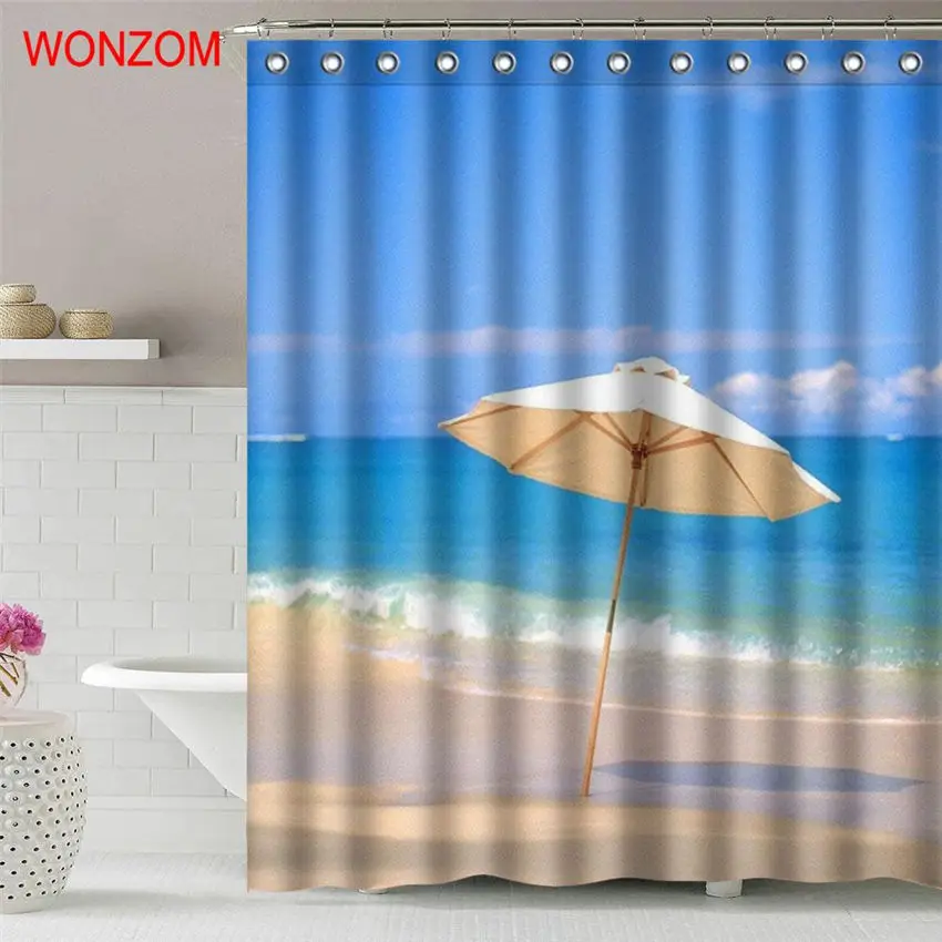 

WONZOM Beach Wave Shower Curtain Fabric Bathroom Decor Decoration Cortina De Bano Polyester Umbrella Bath Curtain With Hooks