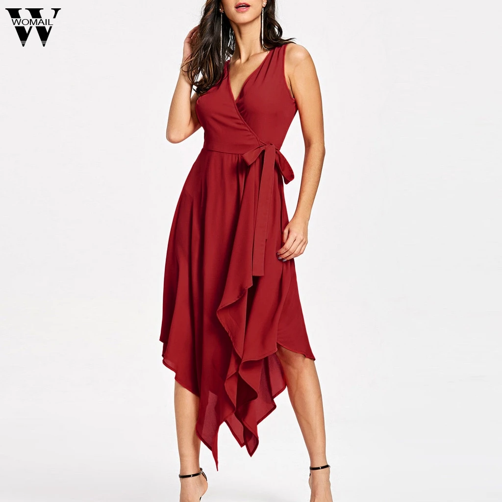 

Womail dress Summer woman Sleeveless V-Neck Sleeveless Bandage Asymmetrical Bohemian Long Dress party fashion NEW 2019 A4