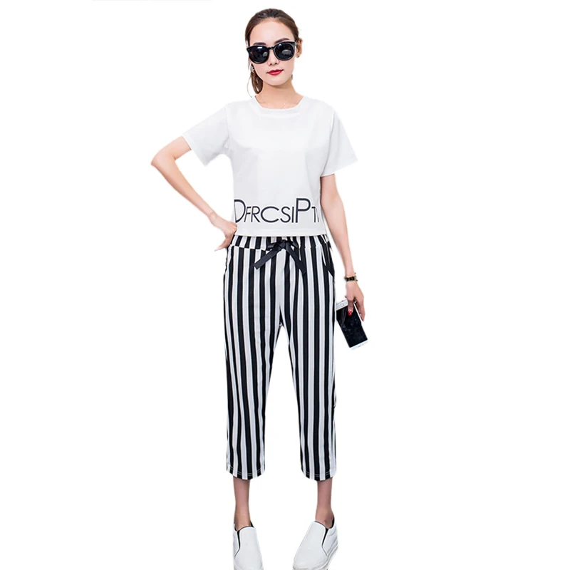 lounge wear sets 2019 Women Summer Fashion T-Shirts Sets Short Sleeve Letter Print Crop Tops And Striped Elastic Waist Pants Set plus size pjs