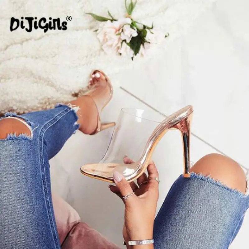

Women PVC Sandals Fashion champagne High Heeled Women Mules Sexy Thin Heel Shoes Open Toe Sandals Slippers Pumps Drop Ship