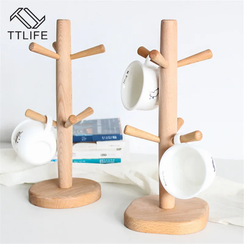 

TTLIFE 6 Hooks Wood Cup Holder Rack Kitchen Storage Drain Rack Wine Glass Holder Coffee Mug Storage Rack Drainer Shelf Organizer