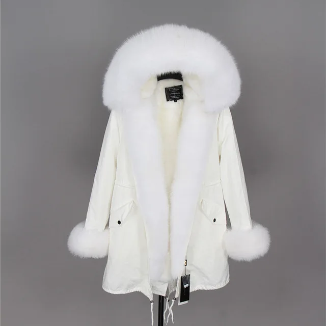 Однотонная женская зимняя парка средней длины с натуральным мехом натуральный мех белая хлопковая куртка зимняя женская меховая куртка парка - Цвет: Fake Liner 14