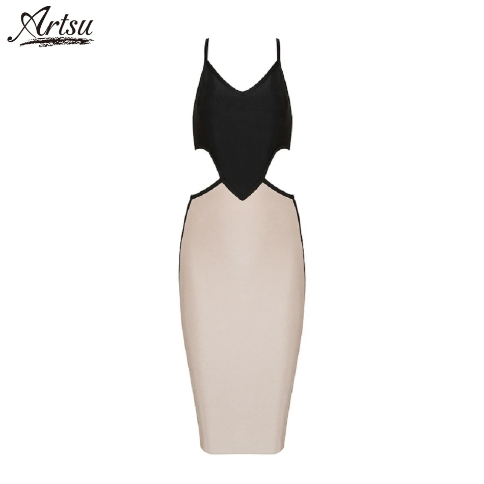 ArtSu 2018 Celebrity Party Bandage Dress Sexy Bodycon Hollow Out Summer Mid-Calf Spaghetti Strap V-Neck Patchwork Ladies | Женская