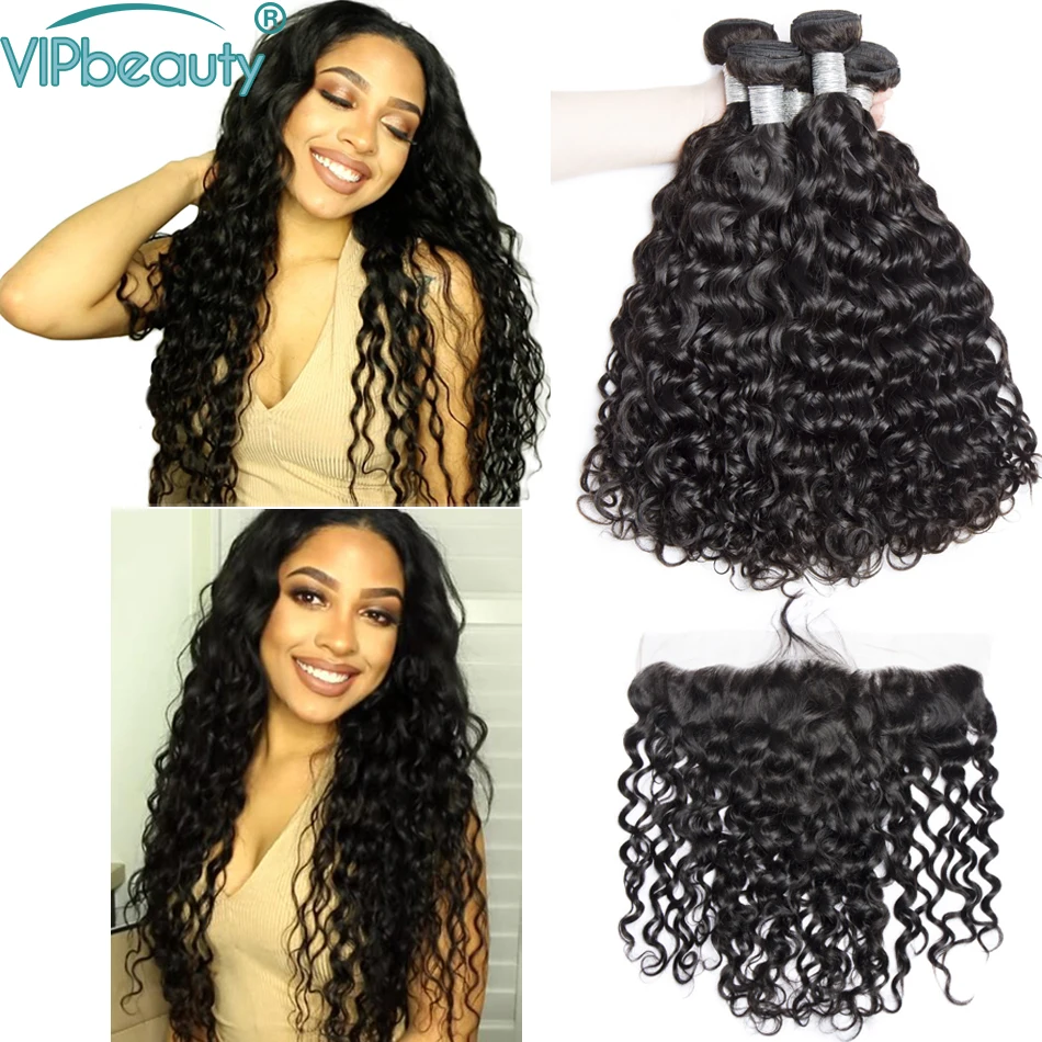 

VIPbeauty Indian Water Wave 3 Bundles With 13x4 Lace Frontal Closure 100% Human Hair Weave With Closure Remy Hair Extension