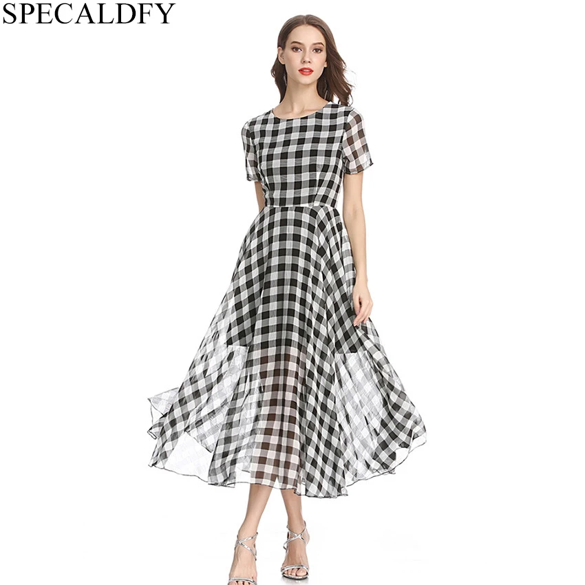 

2019 Summer Dress Women Short Sleeve Pink Black Plaid Dress High Quality Fashion Casual Beach Chiffon Dress Ladies Robe Femme