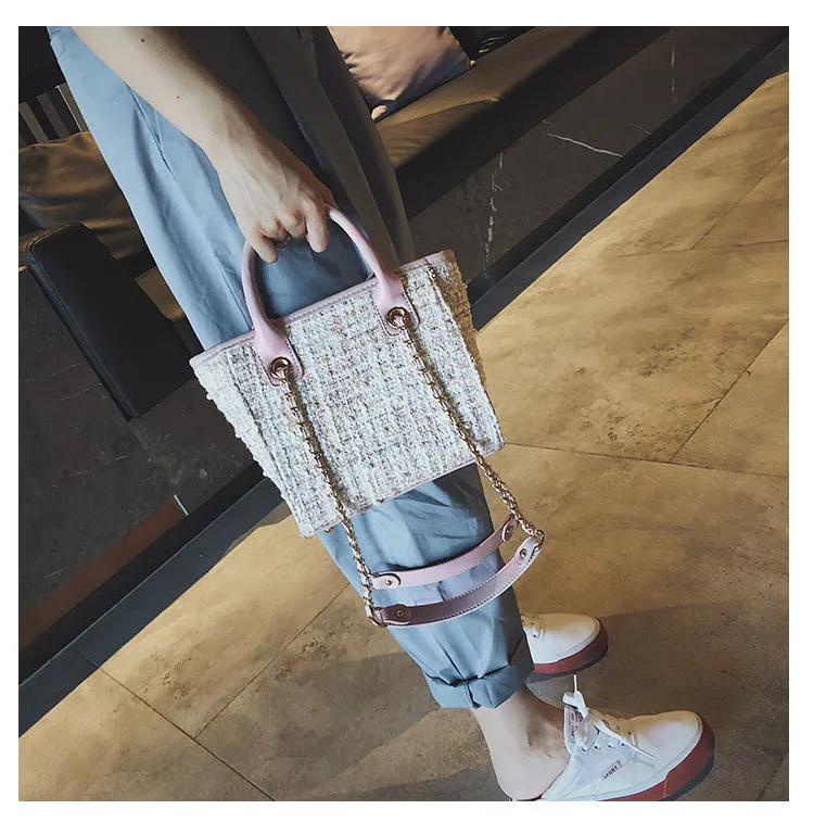 Брендовая дизайнерская шерстяная женская сумка на плечо с цепочкой, модная зимняя новая сумка-тоут, Женская Лоскутная сумка-мессенджер, милая дамская сумочка