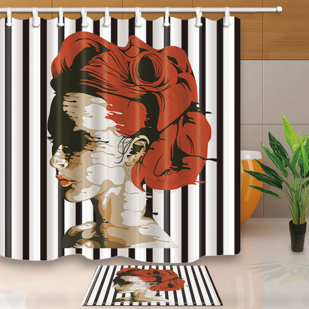 Fabric Shower Curtains Fashion Girl with Red Hair Black and White Stripes Bathroom Curtain
