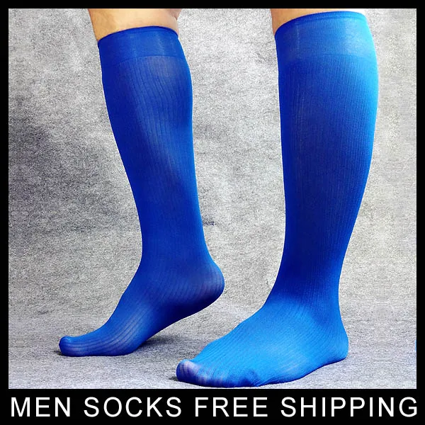 Knee High Blue Mens Nylon Socks Formal Dress suit Socks Gay Male Sexy