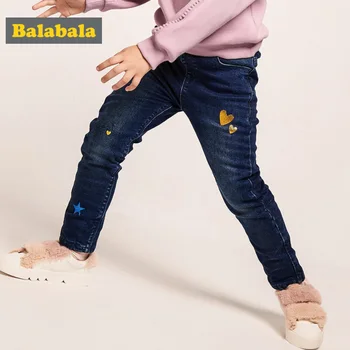 

Balabala Todder Girl Fleece-Lined Pull-on Jeans with Applique Kids Girl Cotton Jeans in Washed Denim with Pocket Ribbed Waist