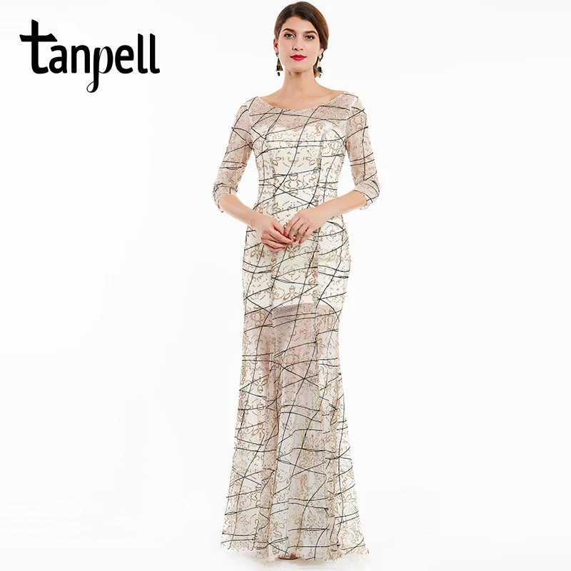 

Tanpell sequins long evening dresses ivory bateau neck half sleeves floor length a line gown back button formal evening dress