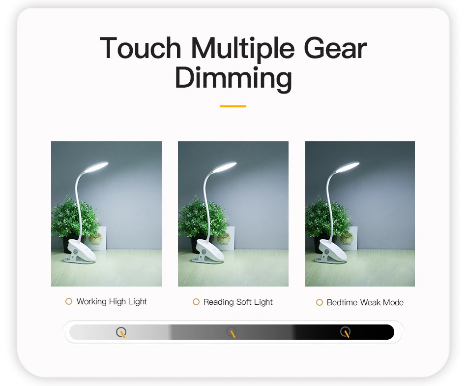 Светодиодный сенсорный выключатель, 3 режима, настольная лампа с зажимом, 7000 K, защита глаз, настольный светильник, диммер, перезаряжаемый, USB светодиодный, настольная лампа