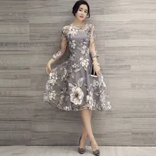 Queenus Women New Organza Expansion Dress Three-Quarter Sleeve O-Neck Floral Print High-Waist Dress 2018 Summer Elegant Dress