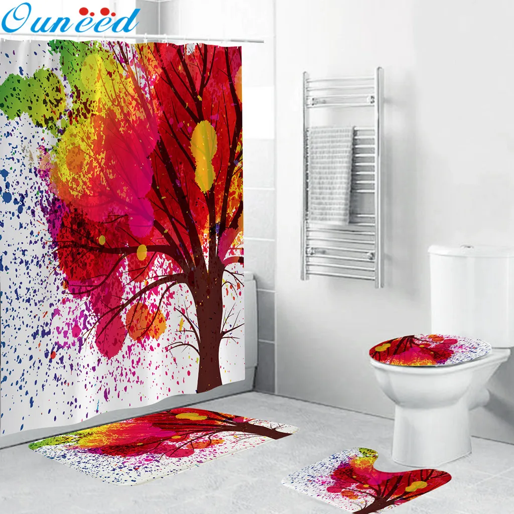 

Ouneed Shower Curtain set 4PCS anti-Slip colorful Flowers pattern Toilet Polyester Cover Mat Set florals Bathroom Shower Curtain
