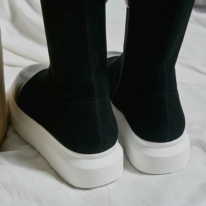 QUTAA/ платформа Обувь на теплом меху осень-зима женская обувь, на платформе на высоком каблуке из натуральной кожи и флока универсальные ботфорты Size34-39